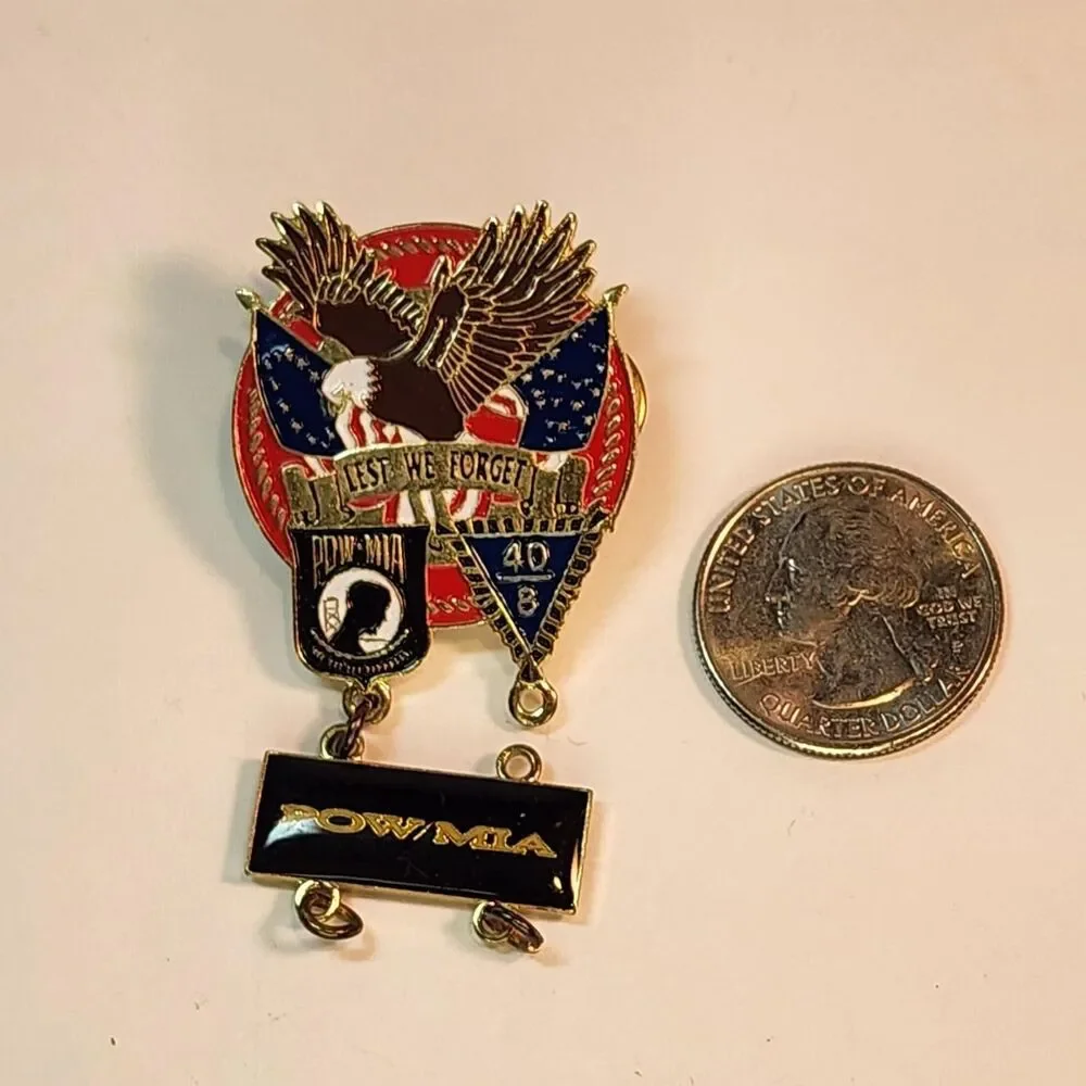 POW MIA pin with eagle, American flag, and 'LEST WE FORGET' Brooch Pin Read See